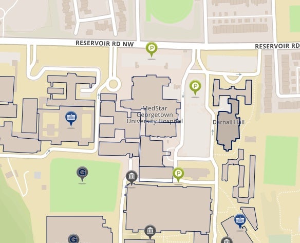 Map depicting Darnall Hall on the main campus of Georgetown University in Washington DC