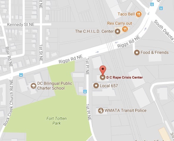 Map depicting the DC Rape Crisis Center on First Place NE in Washington DC