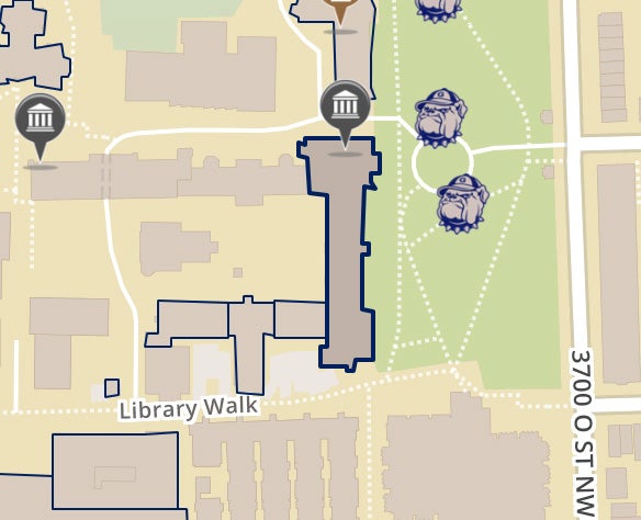 Map depicting Healy Hall on the main campus of Georgetown University in Washington DC