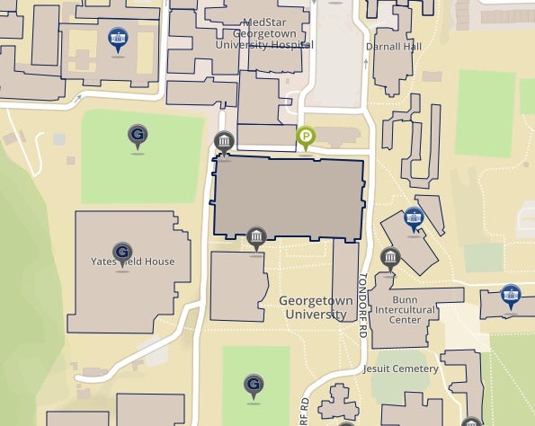 Map depicting the Leavey Center on the main campus of Georgetown University in Washington DC