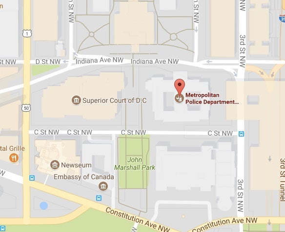 Map depicting the Metropolitan Police Department on Indiana Ave NW in Washington DC